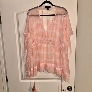 Lane Bryant Pink and White Ruffled Tie Front Blouse